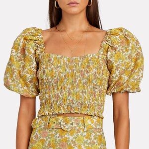 Faithfull the Brand Robina Crop Linen Top - Grey Garden Floral